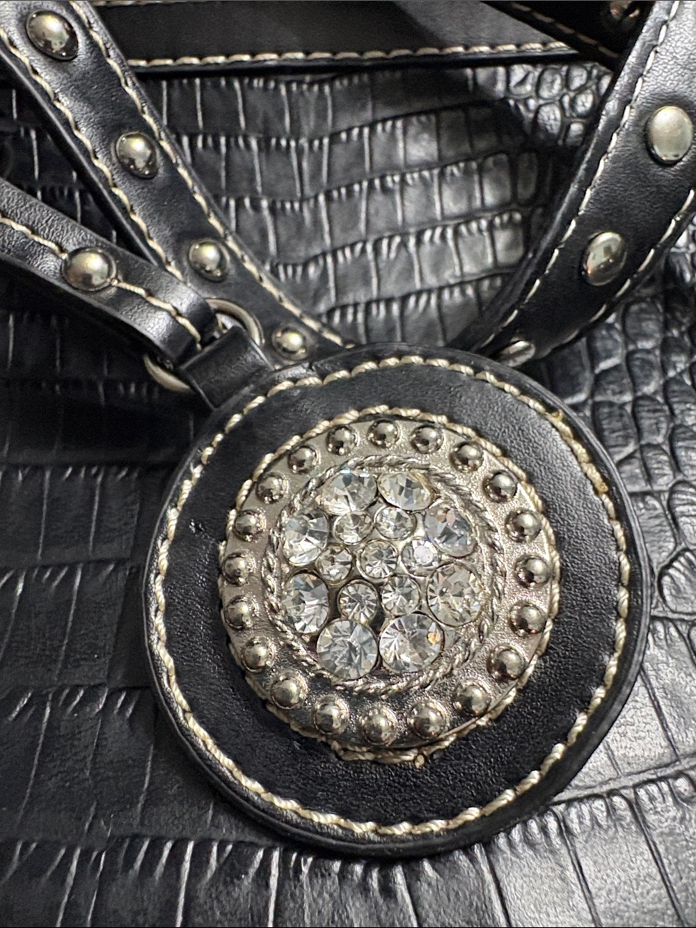 Blazin Roxx  Black Faux Ostrich Embossed Studded Shoulder Tote - Picture 12 of 12